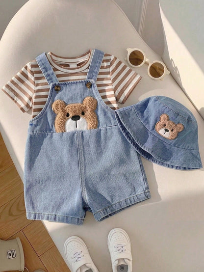 Playful Pals 2-Piece Set Baby Boy Spring/Summer Brown White Denim Blue Colorblock Cute Teddy Bear Patchwork Overall Shorts And Striped Crew Neck Short Sleeve Top Outfit, Loose Straight Fit, Suit
