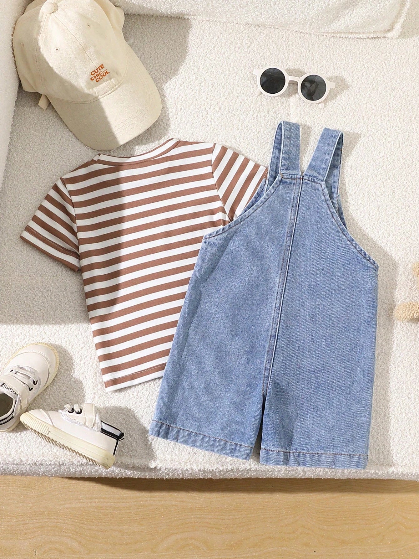Playful Pals 2-Piece Set Baby Boy Spring/Summer Brown White Denim Blue Colorblock Cute Teddy Bear Patchwork Overall Shorts And Striped Crew Neck Short Sleeve Top Outfit, Loose Straight Fit, Suit