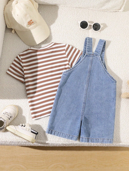 Playful Pals 2-Piece Set Baby Boy Spring/Summer Brown White Denim Blue Colorblock Cute Teddy Bear Patchwork Overall Shorts And Striped Crew Neck Short Sleeve Top Outfit, Loose Straight Fit, Suit