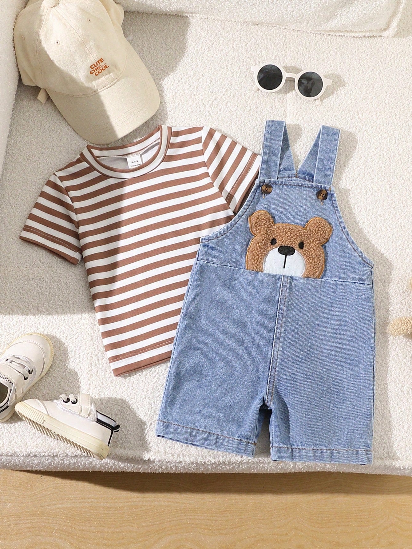 Playful Pals 2-Piece Set Baby Boy Spring/Summer Brown White Denim Blue Colorblock Cute Teddy Bear Patchwork Overall Shorts And Striped Crew Neck Short Sleeve Top Outfit, Loose Straight Fit, Suit