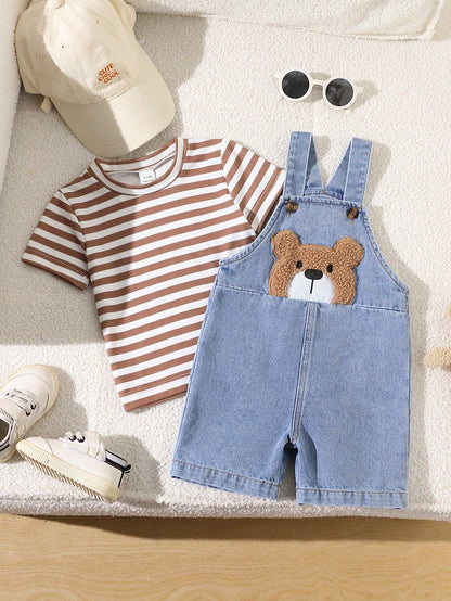 Playful Pals 2-Piece Set Baby Boy Spring/Summer Brown White Denim Blue Colorblock Cute Teddy Bear Patchwork Overall Shorts And Striped Crew Neck Short Sleeve Top Outfit, Loose Straight Fit, Suit