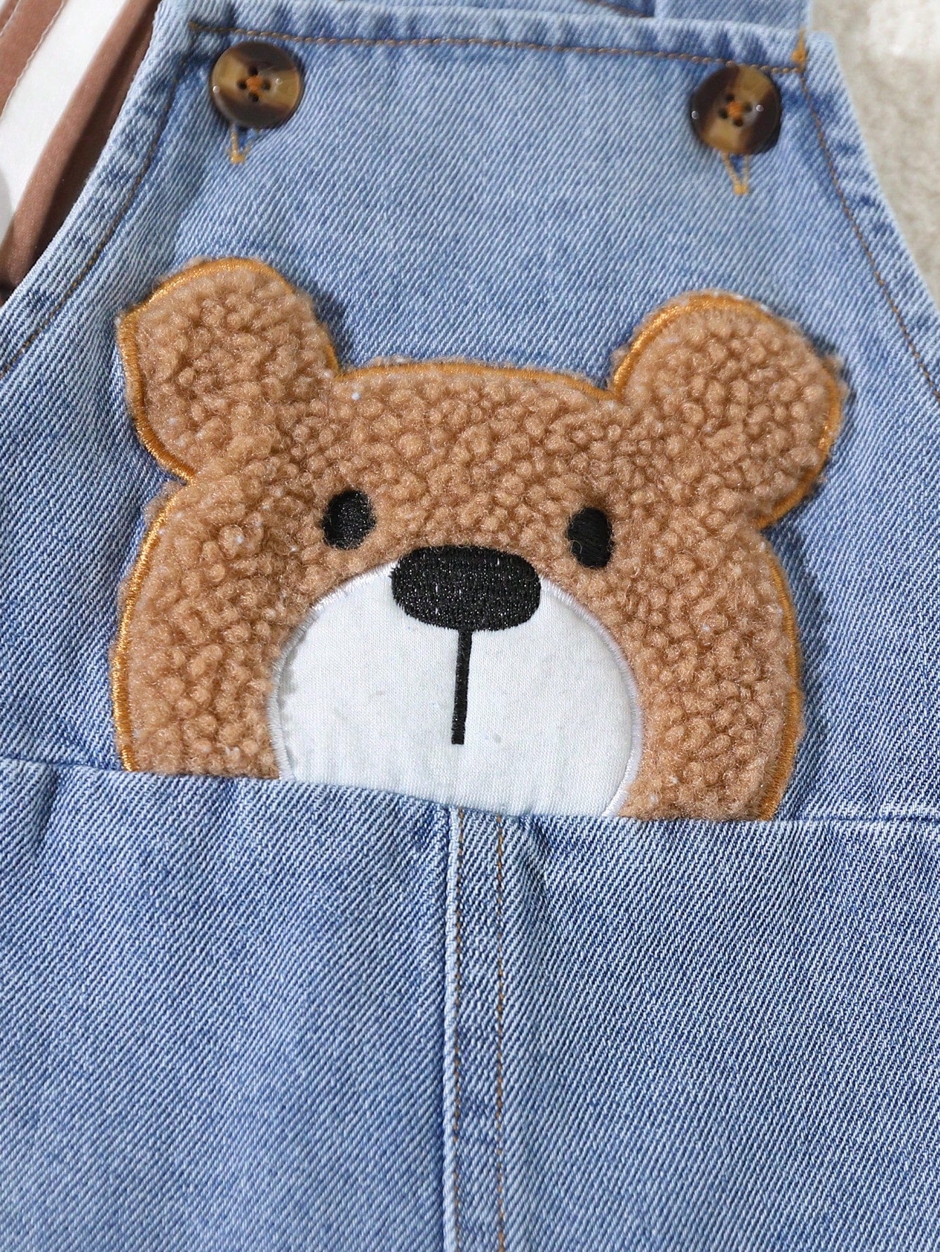 Playful Pals 2-Piece Set Baby Boy Spring/Summer Brown White Denim Blue Colorblock Cute Teddy Bear Patchwork Overall Shorts And Striped Crew Neck Short Sleeve Top Outfit, Loose Straight Fit, Suit