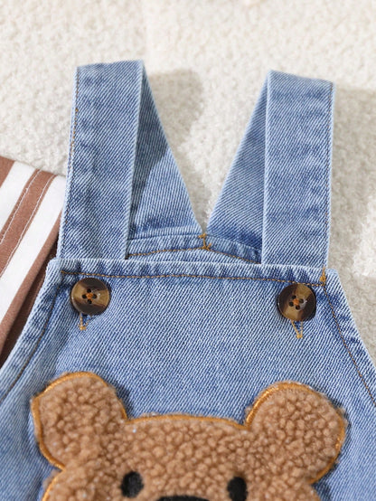 Playful Pals 2-Piece Set Baby Boy Spring/Summer Brown White Denim Blue Colorblock Cute Teddy Bear Patchwork Overall Shorts And Striped Crew Neck Short Sleeve Top Outfit, Loose Straight Fit, Suit