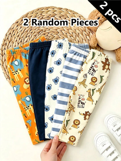 Playful Pals 2 Random Pieces,Boys Cartoon Animal Stripe Solid Color Slim Fit Elastic Waist Pants Orange Navy White Cute Casual Pants Autumn Fall Back To School
