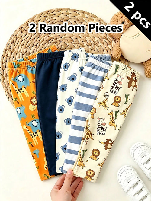 Playful Pals 2 Random Pieces,Boys Cartoon Animal Stripe Solid Color Slim Fit Elastic Waist Pants Orange Navy White Cute Casual Pants Autumn Fall Back To School
