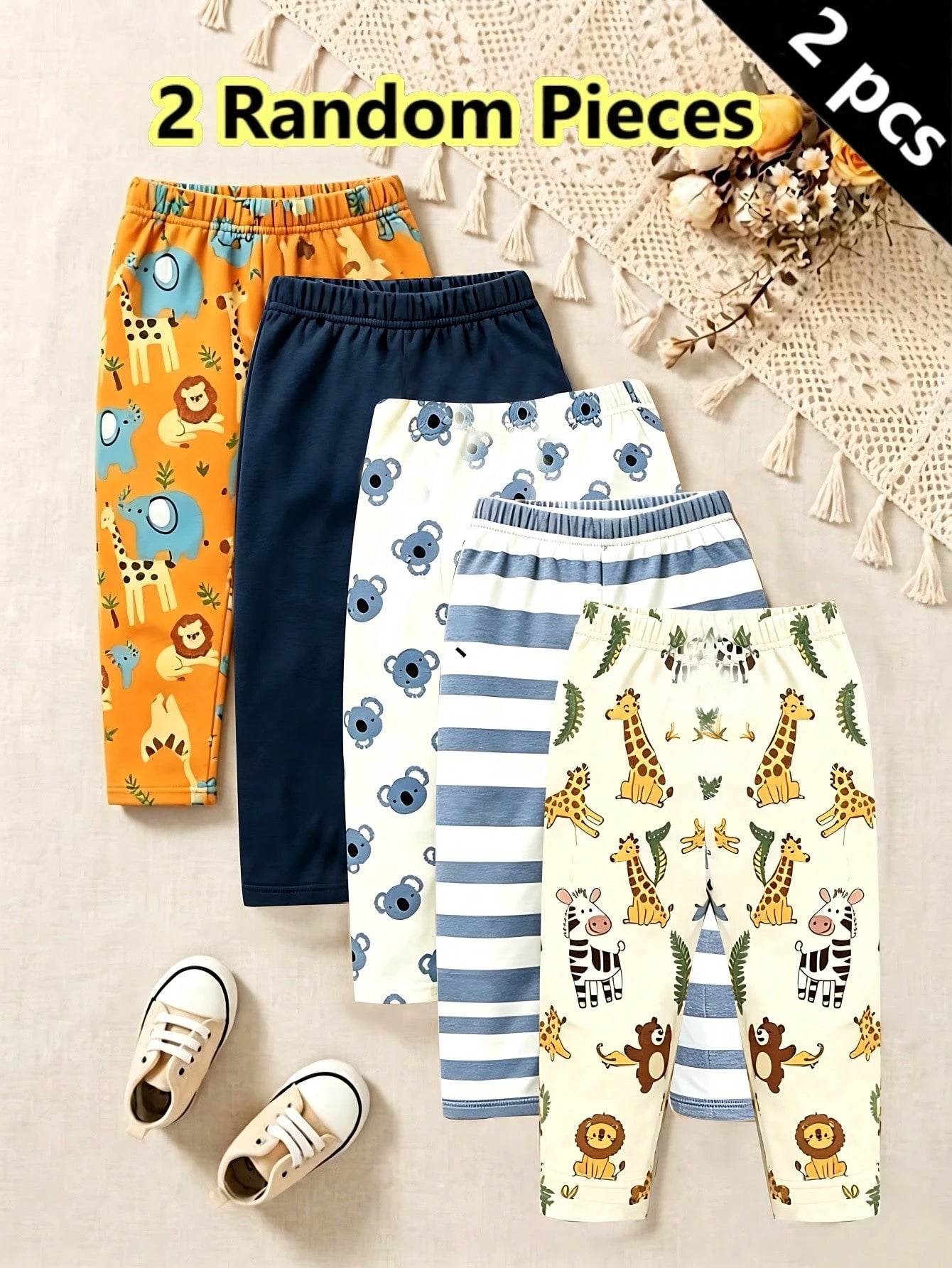 Playful Pals 2 Random Pieces,Boys Cartoon Animal Stripe Solid Color Slim Fit Elastic Waist Pants Orange Navy White Cute Casual Pants Autumn Fall Back To School