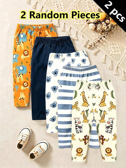 Playful Pals 2 Random Pieces,Boys Cartoon Animal Stripe Solid Color Slim Fit Elastic Waist Pants Orange Navy White Cute Casual Pants Autumn Fall Back To School