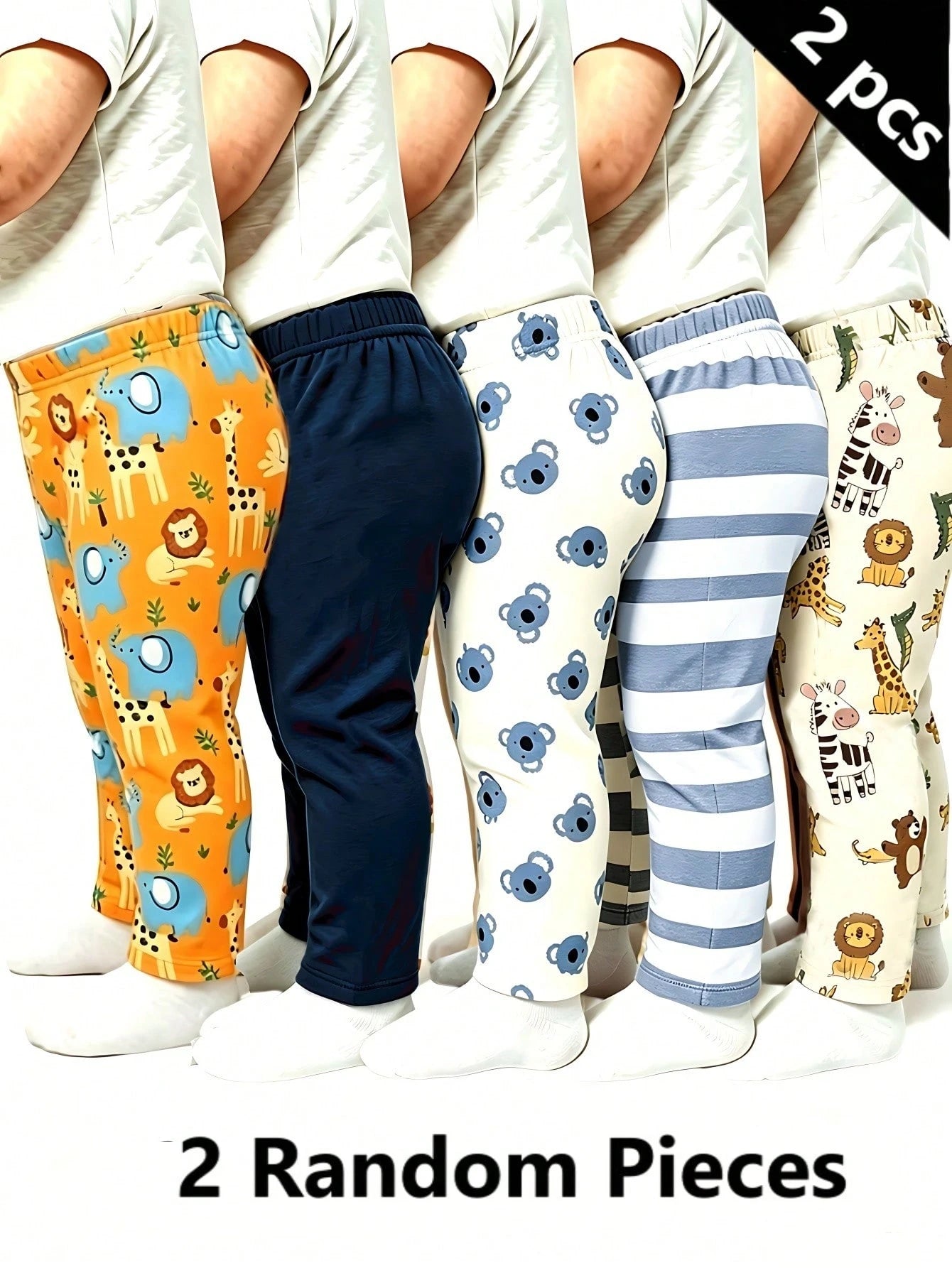 Playful Pals 2 Random Pieces,Boys Cartoon Animal Stripe Solid Color Slim Fit Elastic Waist Pants Orange Navy White Cute Casual Pants Autumn Fall Back To School