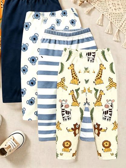 Playful Pals 2 Random Pieces,Boys Cartoon Animal Stripe Solid Color Slim Fit Elastic Waist Pants Orange Navy White Cute Casual Pants Autumn Fall Back To School