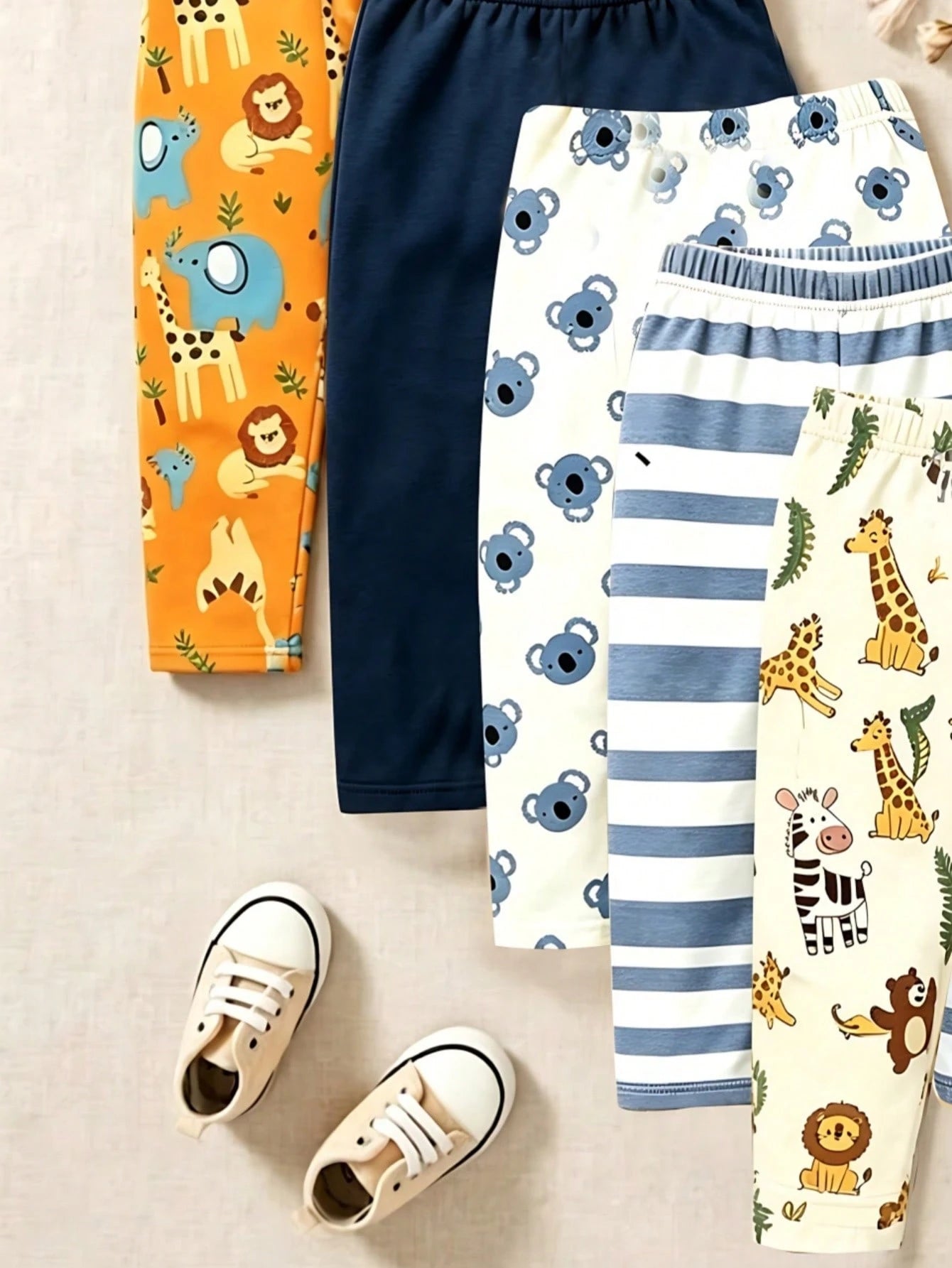 Playful Pals 2 Random Pieces,Boys Cartoon Animal Stripe Solid Color Slim Fit Elastic Waist Pants Orange Navy White Cute Casual Pants Autumn Fall Back To School