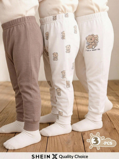 Playful Pals 2 Random Pieces,Boys Cartoon Animal Stripe Solid Color Slim Fit Elastic Waist Pants Orange Navy White Cute Casual Pants Autumn Fall Back To School