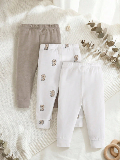 Playful Pals 2 Random Pieces,Boys Cartoon Animal Stripe Solid Color Slim Fit Elastic Waist Pants Orange Navy White Cute Casual Pants Autumn Fall Back To School