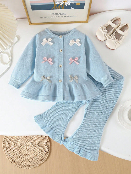 Playful Pals 2pcs Baby Girls Knitted Sweater & Flare Pants Set,Light Blue And White,Autumn,Cute,Family Matching,Long Sleeve Cardigan & Knit Trousers,Preppy Clothes