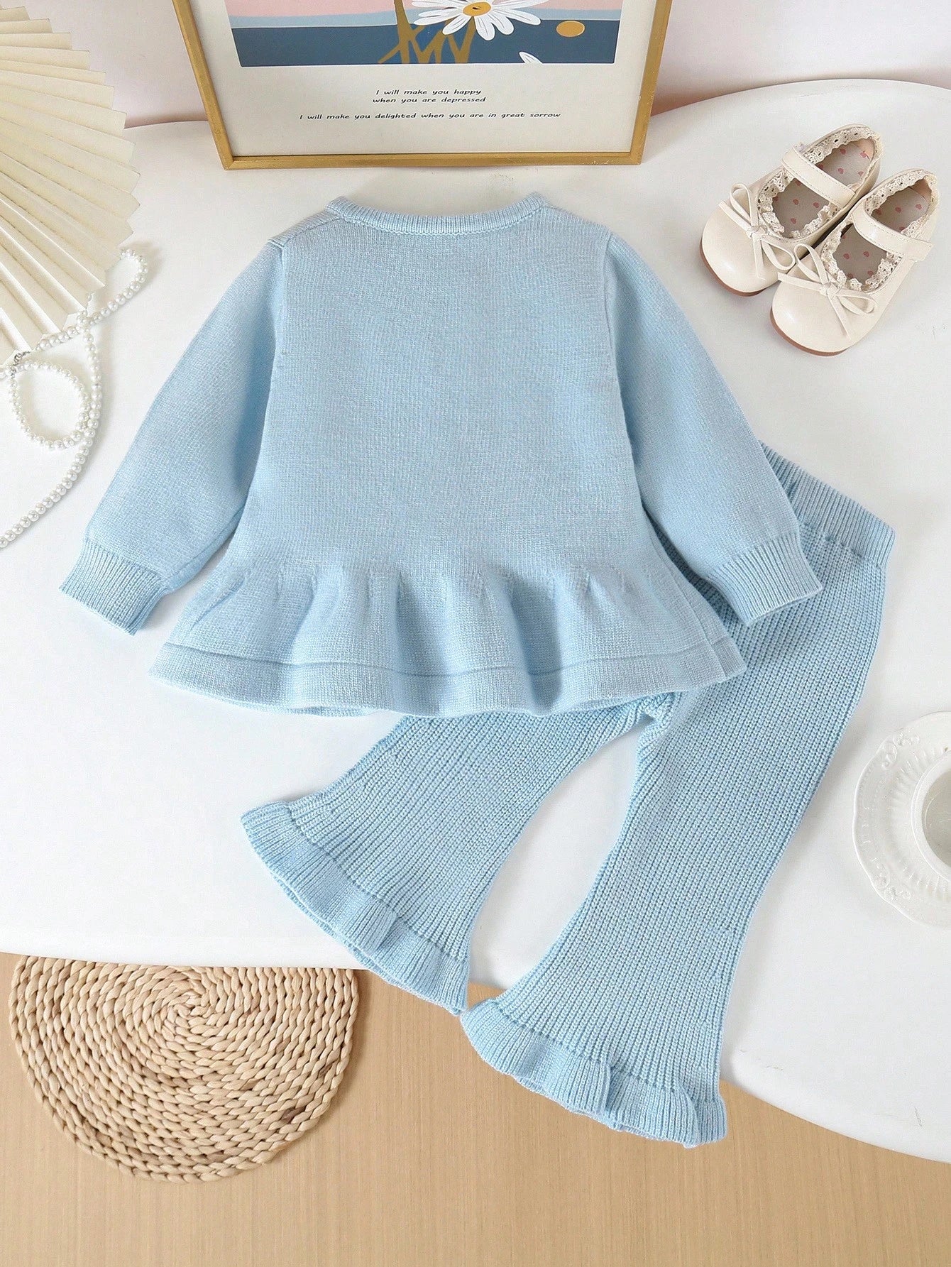Playful Pals 2pcs Baby Girls Knitted Sweater & Flare Pants Set,Light Blue And White,Autumn,Cute,Family Matching,Long Sleeve Cardigan & Knit Trousers,Preppy Clothes