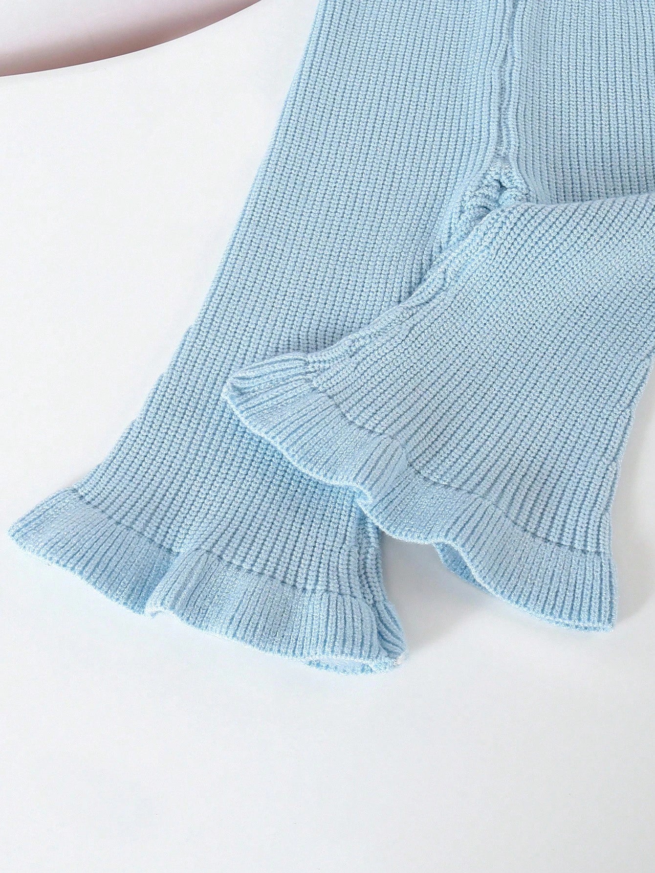 Playful Pals 2pcs Baby Girls Knitted Sweater & Flare Pants Set,Light Blue And White,Autumn,Cute,Family Matching,Long Sleeve Cardigan & Knit Trousers,Preppy Clothes