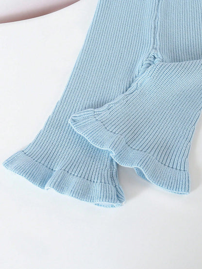 Playful Pals 2pcs Baby Girls Knitted Sweater & Flare Pants Set,Light Blue And White,Autumn,Cute,Family Matching,Long Sleeve Cardigan & Knit Trousers,Preppy Clothes