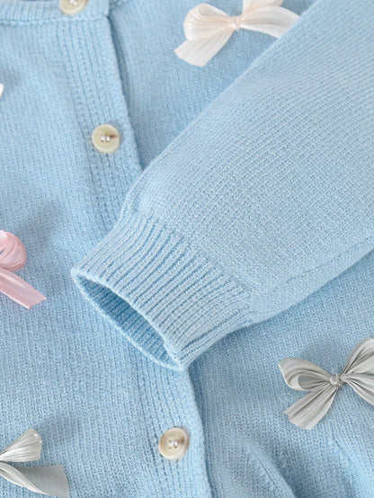 Playful Pals 2pcs Baby Girls Knitted Sweater & Flare Pants Set,Light Blue And White,Autumn,Cute,Family Matching,Long Sleeve Cardigan & Knit Trousers,Preppy Clothes