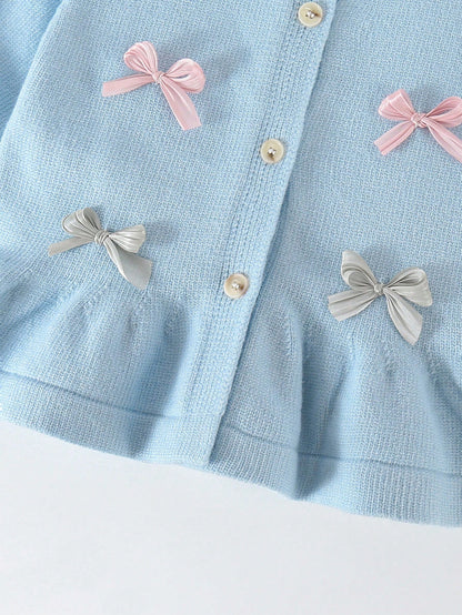 Playful Pals 2pcs Baby Girls Knitted Sweater & Flare Pants Set,Light Blue And White,Autumn,Cute,Family Matching,Long Sleeve Cardigan & Knit Trousers,Preppy Clothes