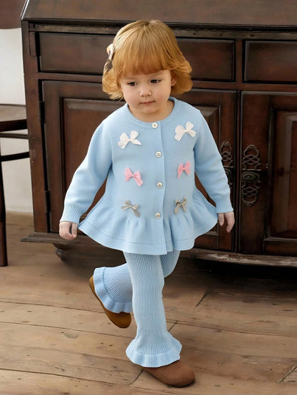 Playful Pals 2pcs Baby Girls Knitted Sweater & Flare Pants Set,Light Blue And White,Autumn,Cute,Family Matching,Long Sleeve Cardigan & Knit Trousers,Preppy Clothes