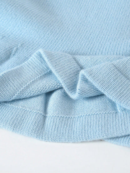 Playful Pals 2pcs Baby Girls Knitted Sweater & Flare Pants Set,Light Blue And White,Autumn,Cute,Family Matching,Long Sleeve Cardigan & Knit Trousers,Preppy Clothes