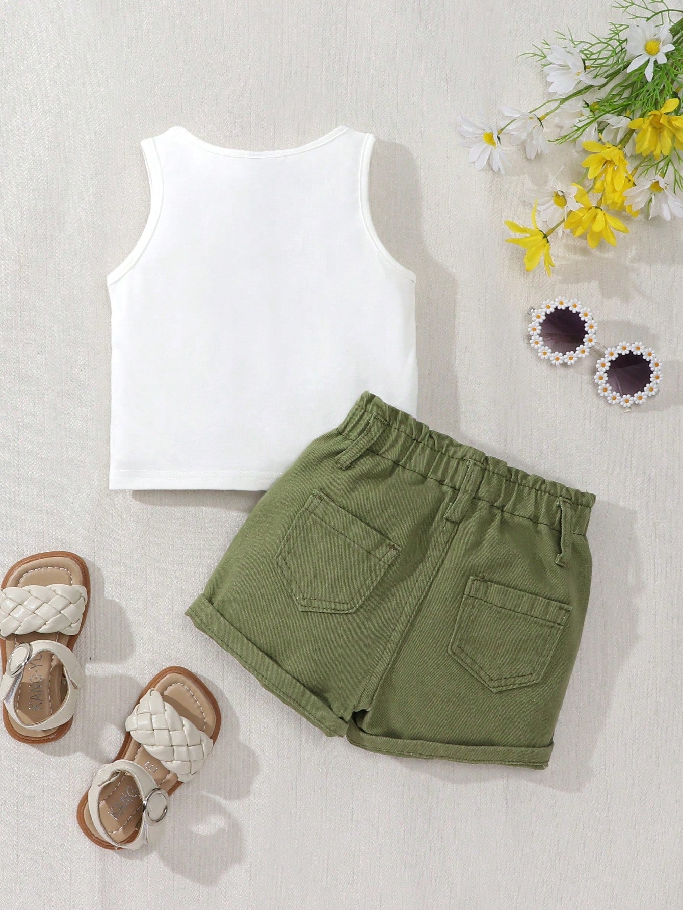 Playful Pals 2pcs Baby Girls Outfit Set: White Floral Print Tank Top + Green Loose Elastic Waist Denim Shorts, Cute & Comfortable