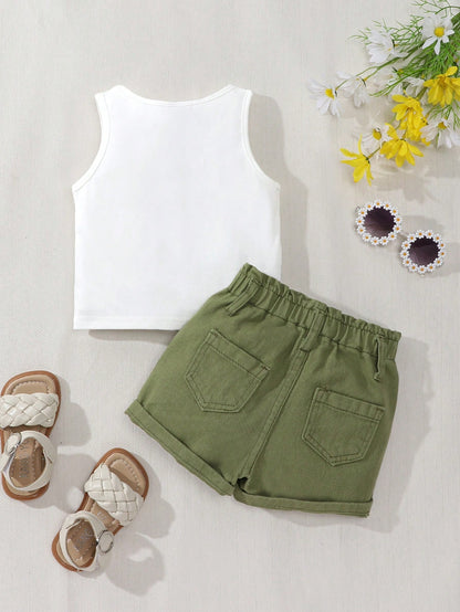 Playful Pals 2pcs Baby Girls Outfit Set: White Floral Print Tank Top + Green Loose Elastic Waist Denim Shorts, Cute & Comfortable