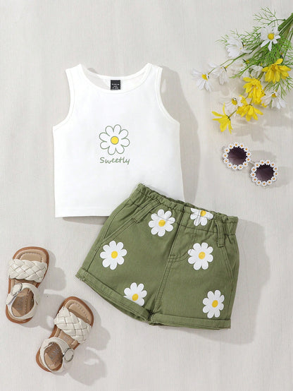 Playful Pals 2pcs Baby Girls Outfit Set: White Floral Print Tank Top + Green Loose Elastic Waist Denim Shorts, Cute & Comfortable