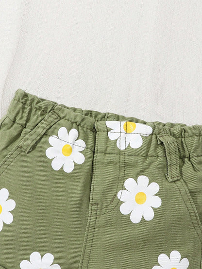 Playful Pals 2pcs Baby Girls Outfit Set: White Floral Print Tank Top + Green Loose Elastic Waist Denim Shorts, Cute & Comfortable