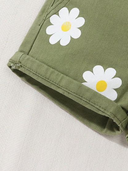 Playful Pals 2pcs Baby Girls Outfit Set: White Floral Print Tank Top + Green Loose Elastic Waist Denim Shorts, Cute & Comfortable