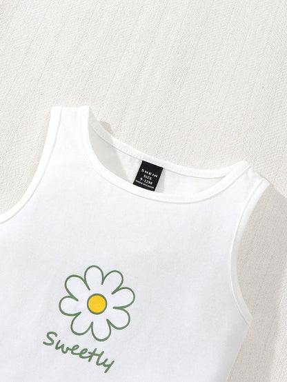 Playful Pals 2pcs Baby Girls Outfit Set: White Floral Print Tank Top + Green Loose Elastic Waist Denim Shorts, Cute & Comfortable