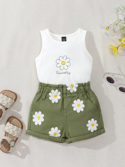 Playful Pals 2pcs Baby Girls Outfit Set: White Floral Print Tank Top + Green Loose Elastic Waist Denim Shorts, Cute & Comfortable