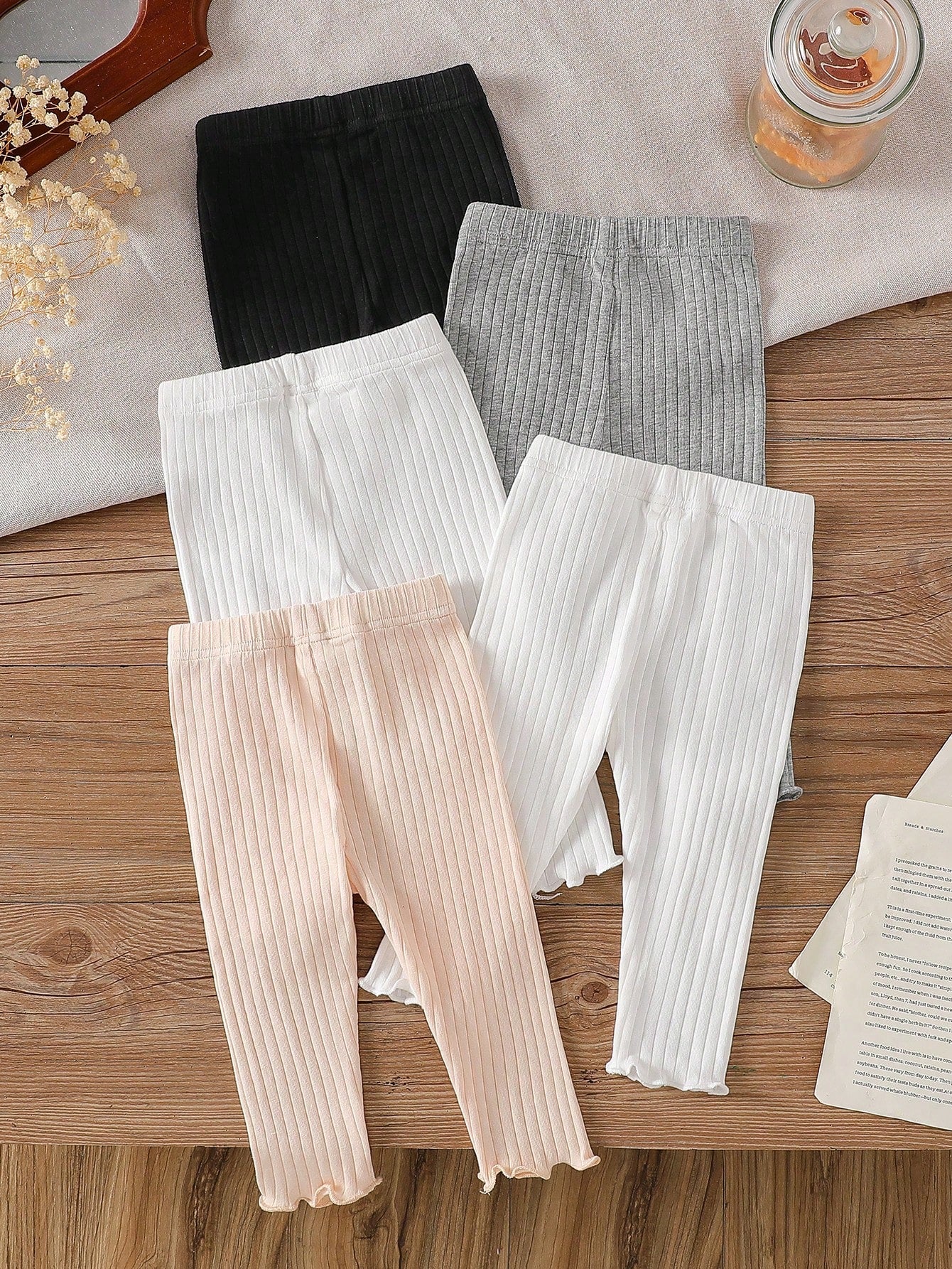 Playful Pals 5pcs Girls' White Black Ribbed Textured Elastic Waist Ruffle Hem Skinny Pants Autumn Casual Funny Cute Graduation Light Grey Beige