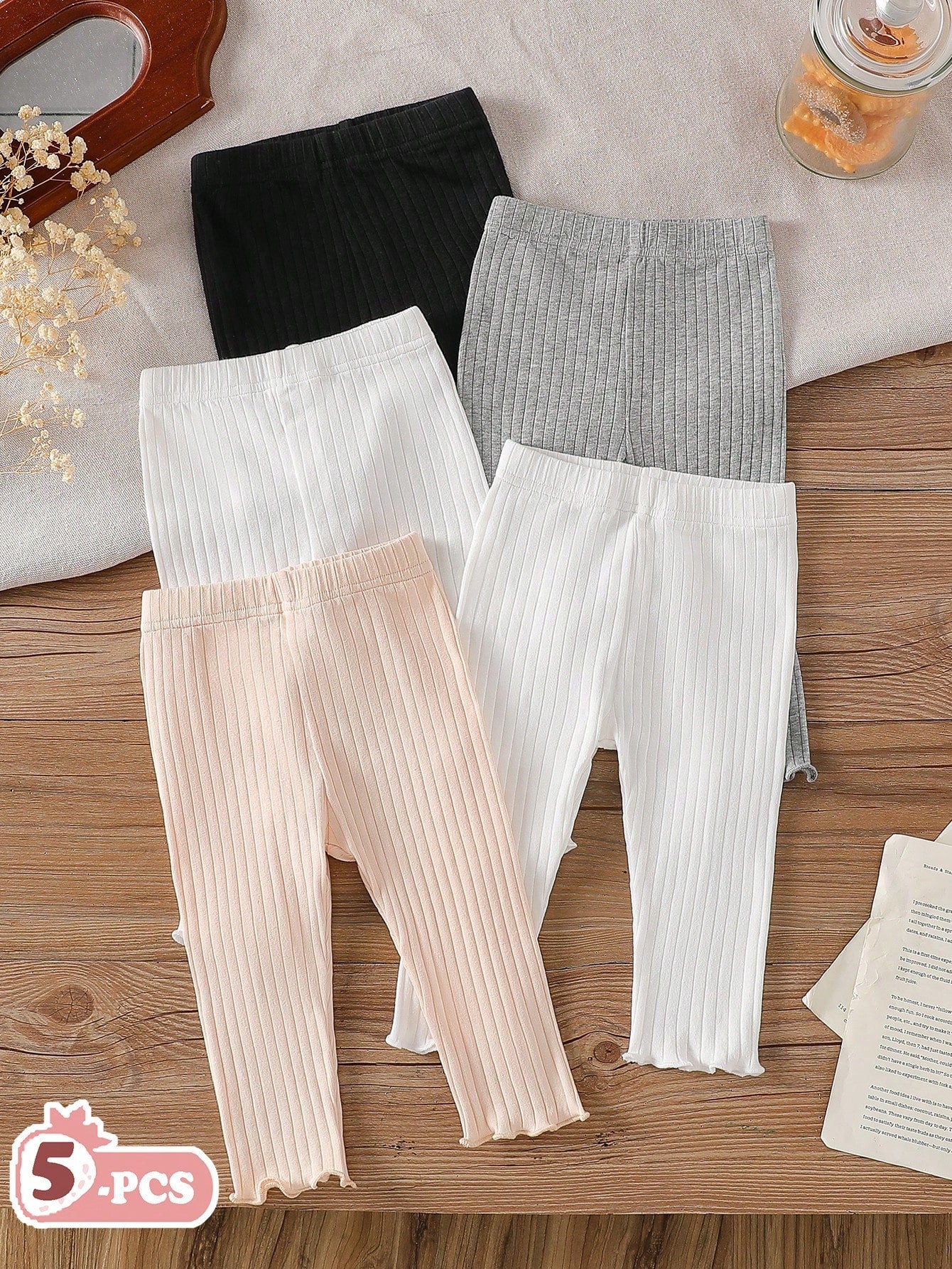 Playful Pals 5pcs Girls' White Black Ribbed Textured Elastic Waist Ruffle Hem Skinny Pants Autumn Casual Funny Cute Graduation Light Grey Beige