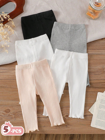 Playful Pals 5pcs Girls' White Black Ribbed Textured Elastic Waist Ruffle Hem Skinny Pants Autumn Casual Funny Cute Graduation Light Grey Beige