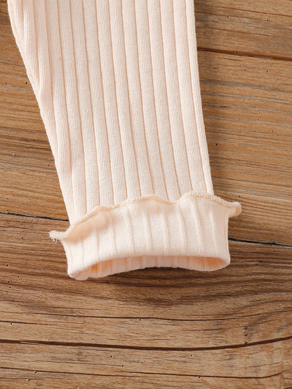 Playful Pals 5pcs Girls' White Black Ribbed Textured Elastic Waist Ruffle Hem Skinny Pants Autumn Casual Funny Cute Graduation Light Grey Beige