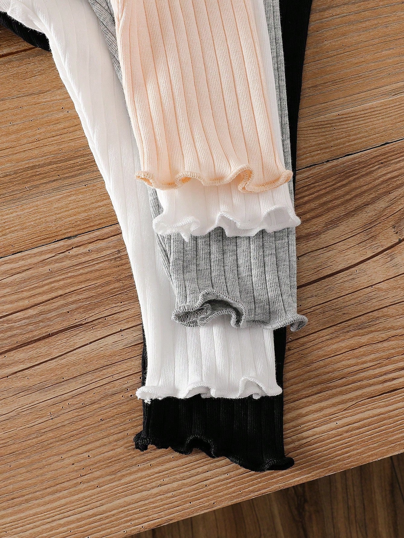 Playful Pals 5pcs Girls' White Black Ribbed Textured Elastic Waist Ruffle Hem Skinny Pants Autumn Casual Funny Cute Graduation Light Grey Beige