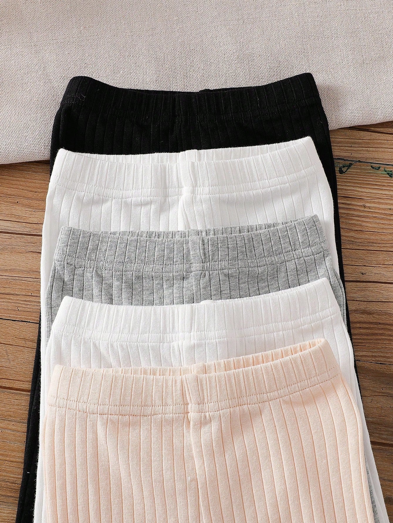 Playful Pals 5pcs Girls' White Black Ribbed Textured Elastic Waist Ruffle Hem Skinny Pants Autumn Casual Funny Cute Graduation Light Grey Beige