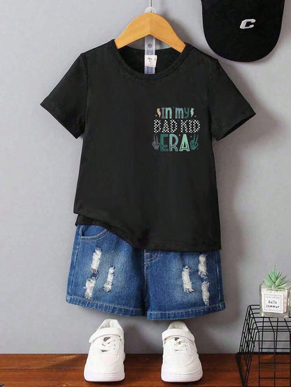 Playful Pals Baby Boy Casual Cute Funny Mischievous "In My Bad Kid Era" & Skull Print Short Sleeve Round Neck T-Shirt, Summer