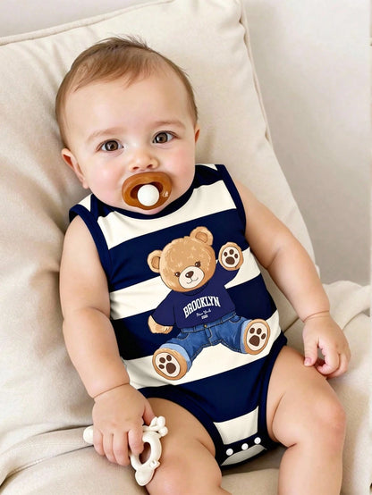 Playful Pals Baby Boy Cute Minimalist Striped Bear Print Bodysuit, Suitable For Daily Wear And Summer Outings