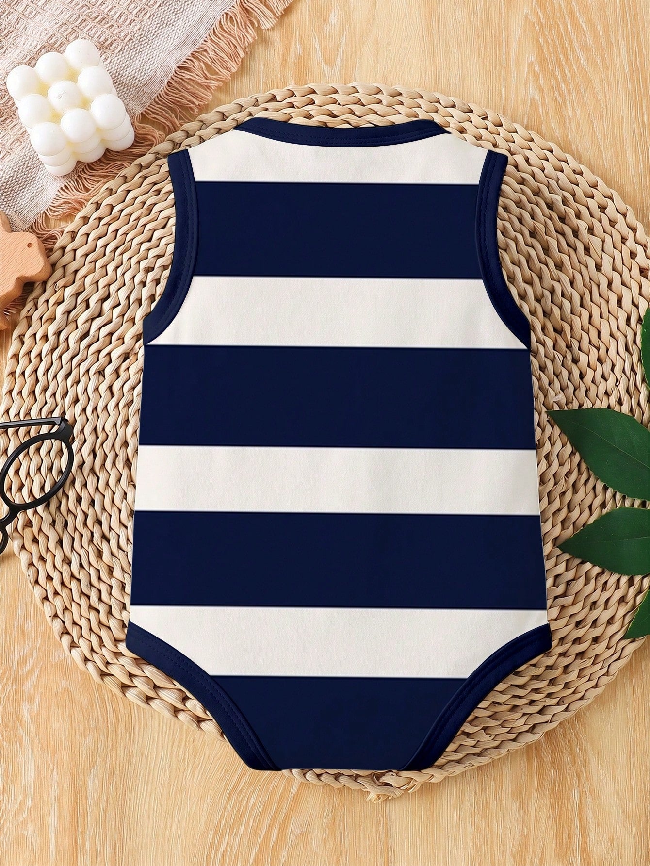 Playful Pals Baby Boy Cute Minimalist Striped Bear Print Bodysuit, Suitable For Daily Wear And Summer Outings