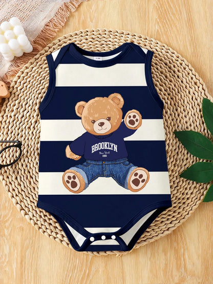 Playful Pals Baby Boy Cute Minimalist Striped Bear Print Bodysuit, Suitable For Daily Wear And Summer Outings