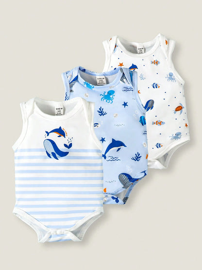 Playful Pals Baby Boy Cute Minimalist Striped Bear Print Bodysuit, Suitable For Daily Wear And Summer Outings