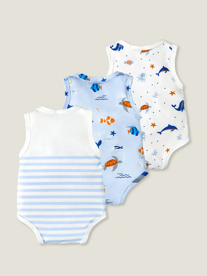 Playful Pals Baby Boy Cute Minimalist Striped Bear Print Bodysuit, Suitable For Daily Wear And Summer Outings