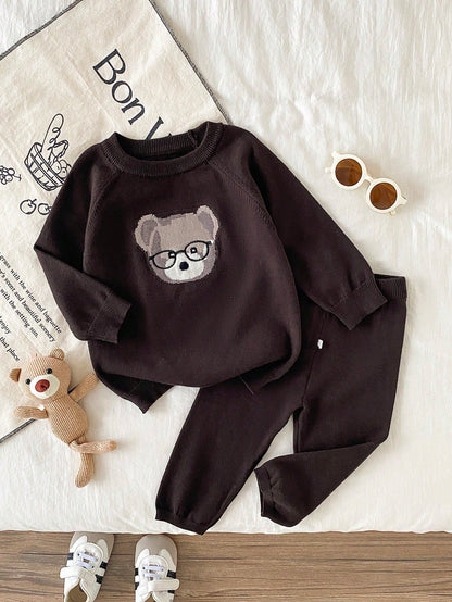 Playful Pals Baby Boys Sweater Co-Ords Autumn/Winter Camel Color Bear Partial Jacquard Round Neck Pullover Sweater Set, Soft Medium-Thick Fabric, Suitable For Home, Casual, Outings And Layering
