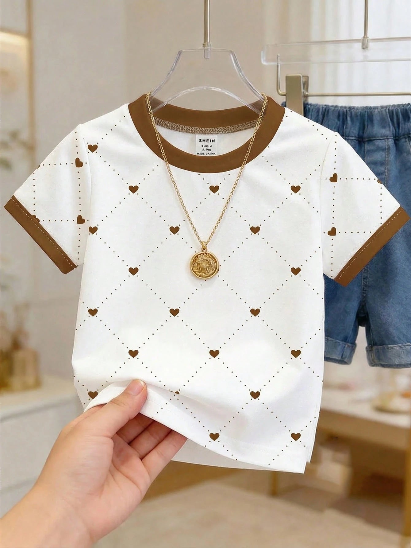 Playful Pals Baby Girl Heart Print Round Neck White And Brown Short Sleeve T-Shirt Baby/Toddler Clothing Summer Casual  Pullover Tee Fits 6M-3T