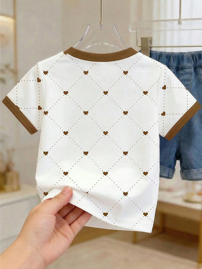 Playful Pals Baby Girl Heart Print Round Neck White And Brown Short Sleeve T-Shirt Baby/Toddler Clothing Summer Casual  Pullover Tee Fits 6M-3T
