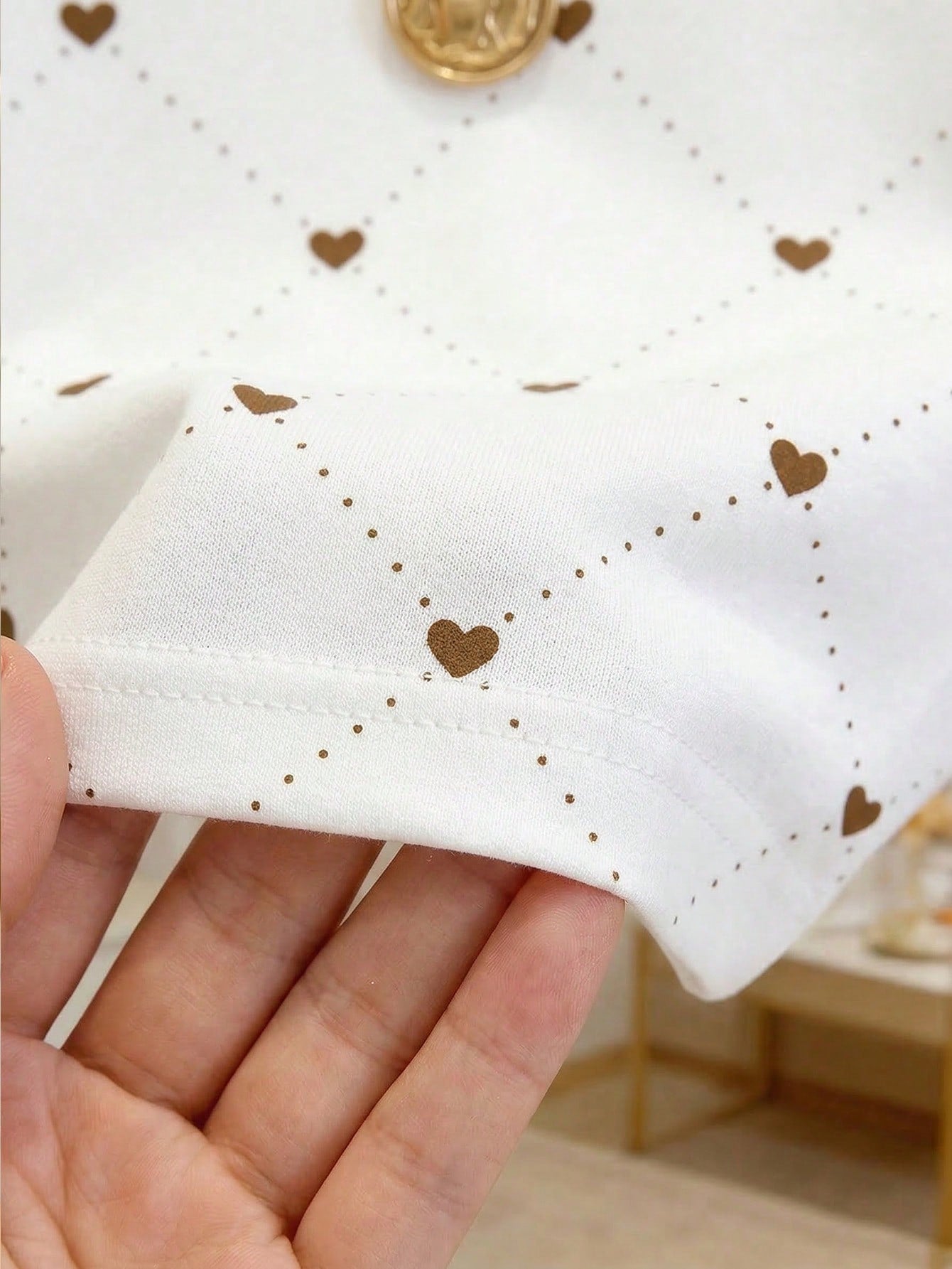 Playful Pals Baby Girl Heart Print Round Neck White And Brown Short Sleeve T-Shirt Baby/Toddler Clothing Summer Casual  Pullover Tee Fits 6M-3T