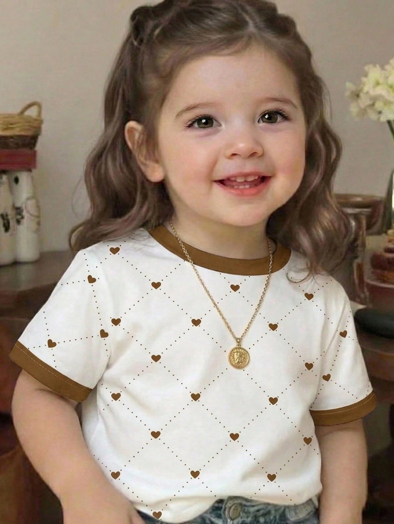 Playful Pals Baby Girl Heart Print Round Neck White And Brown Short Sleeve T-Shirt Baby/Toddler Clothing Summer Casual  Pullover Tee Fits 6M-3T