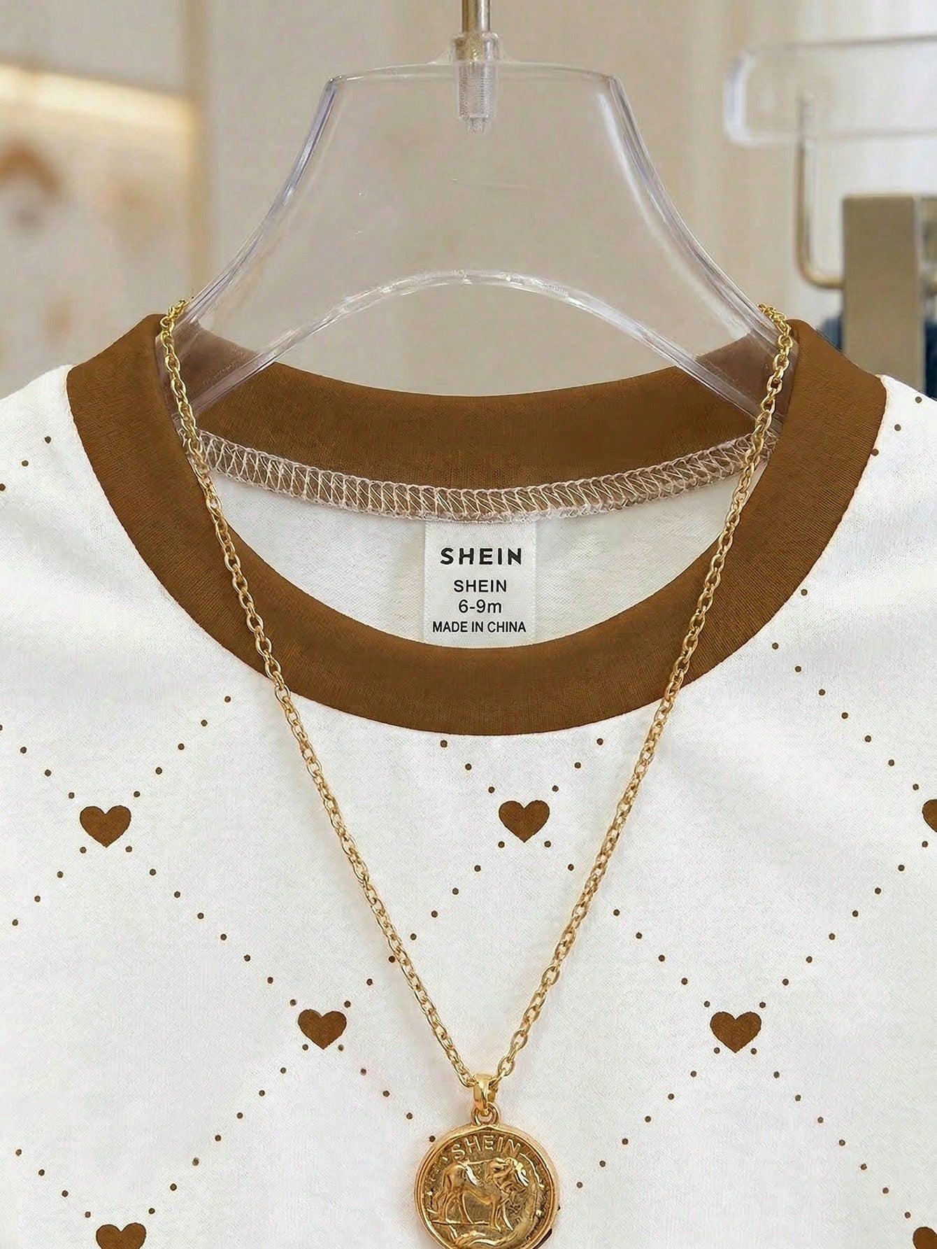 Playful Pals Baby Girl Heart Print Round Neck White And Brown Short Sleeve T-Shirt Baby/Toddler Clothing Summer Casual  Pullover Tee Fits 6M-3T