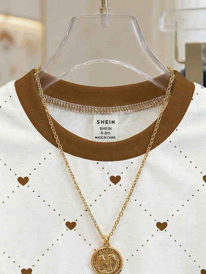 Playful Pals Baby Girl Heart Print Round Neck White And Brown Short Sleeve T-Shirt Baby/Toddler Clothing Summer Casual  Pullover Tee Fits 6M-3T